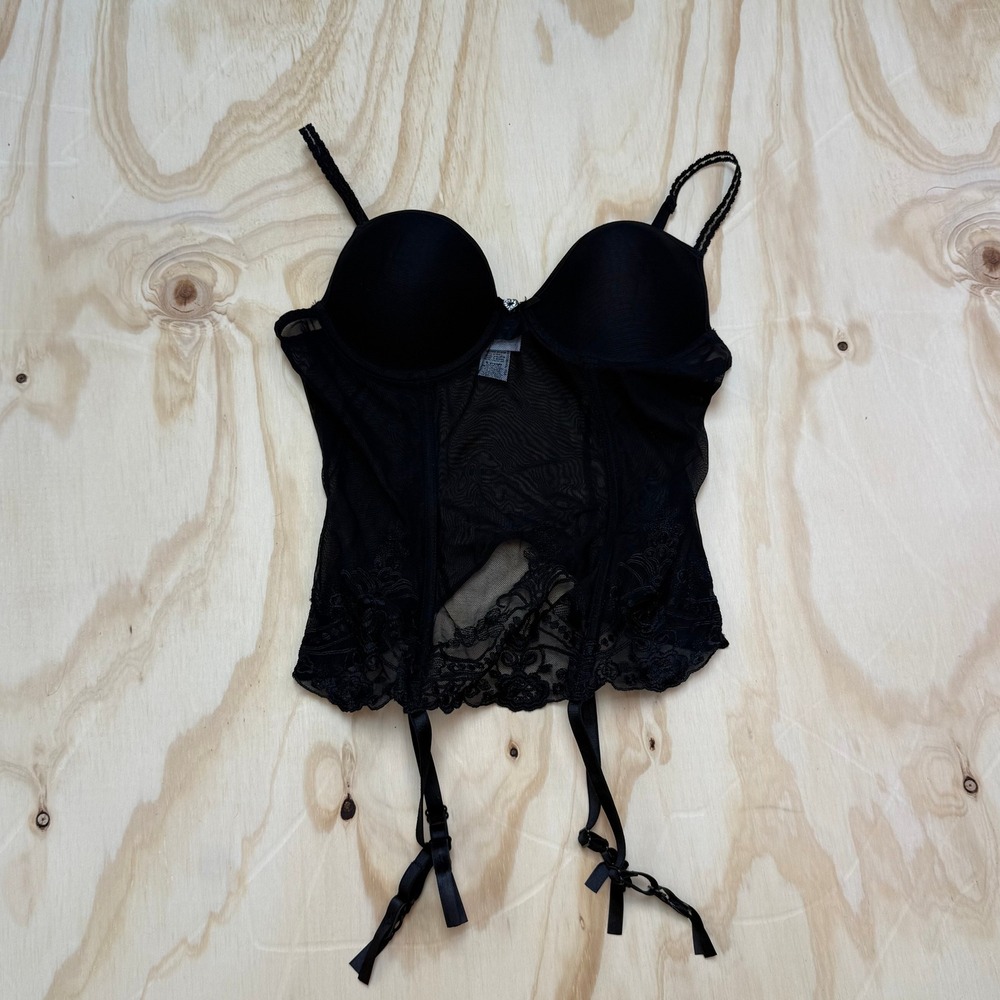 Secret Treasures Black Lace xMesh Corset Bustier Top Garter Straps Large